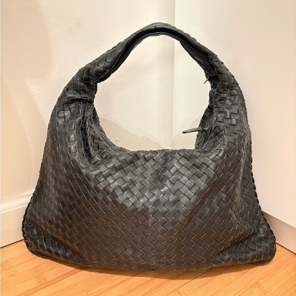 Black Woven Leather Hobo Bag